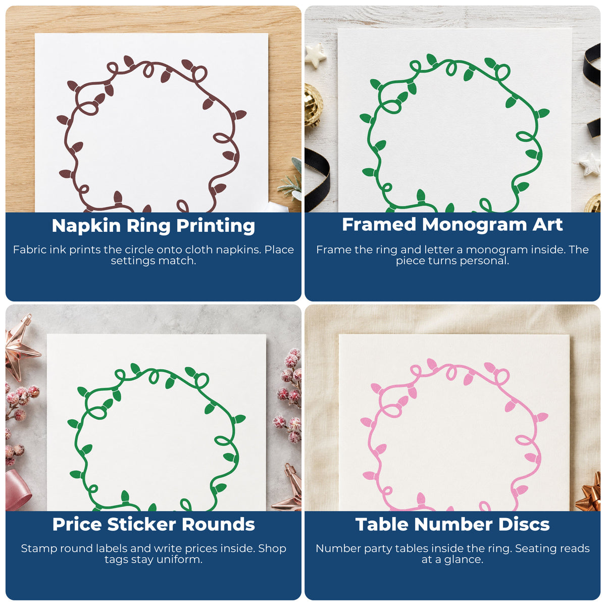 Four ways to use the Christmas Light Ring Border Premium Wooden Stamp - Vintage Pro: napkin ring printing, framed monogram art, price sticker rounds and table number discs.