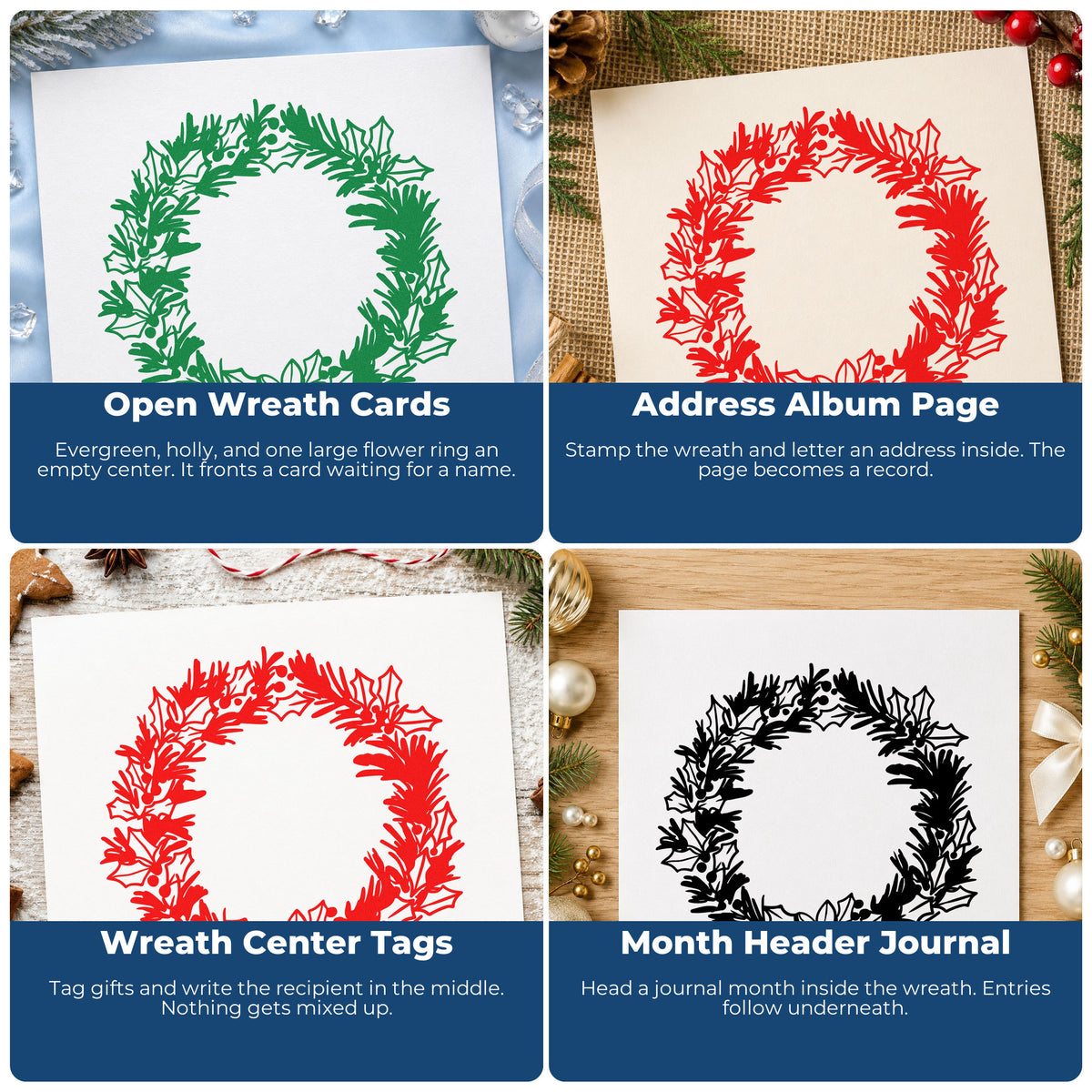 Four ways to use the Pine Holly Floral Wreath Stamp - Premium Vintage Pro Wooden: open wreath cards, address album page, wreath center tags and month header journal.