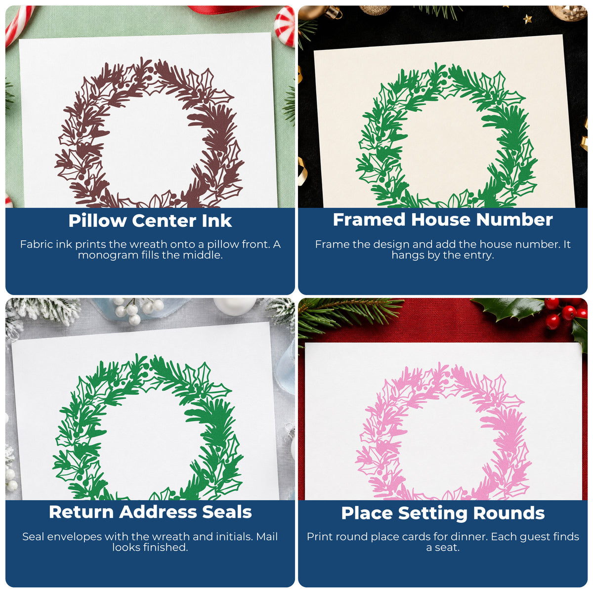 Four ways to use the Pine Holly Floral Wreath PSI Pre-Inked Stamp: pillow center ink, framed house number, return address seals and place setting rounds.