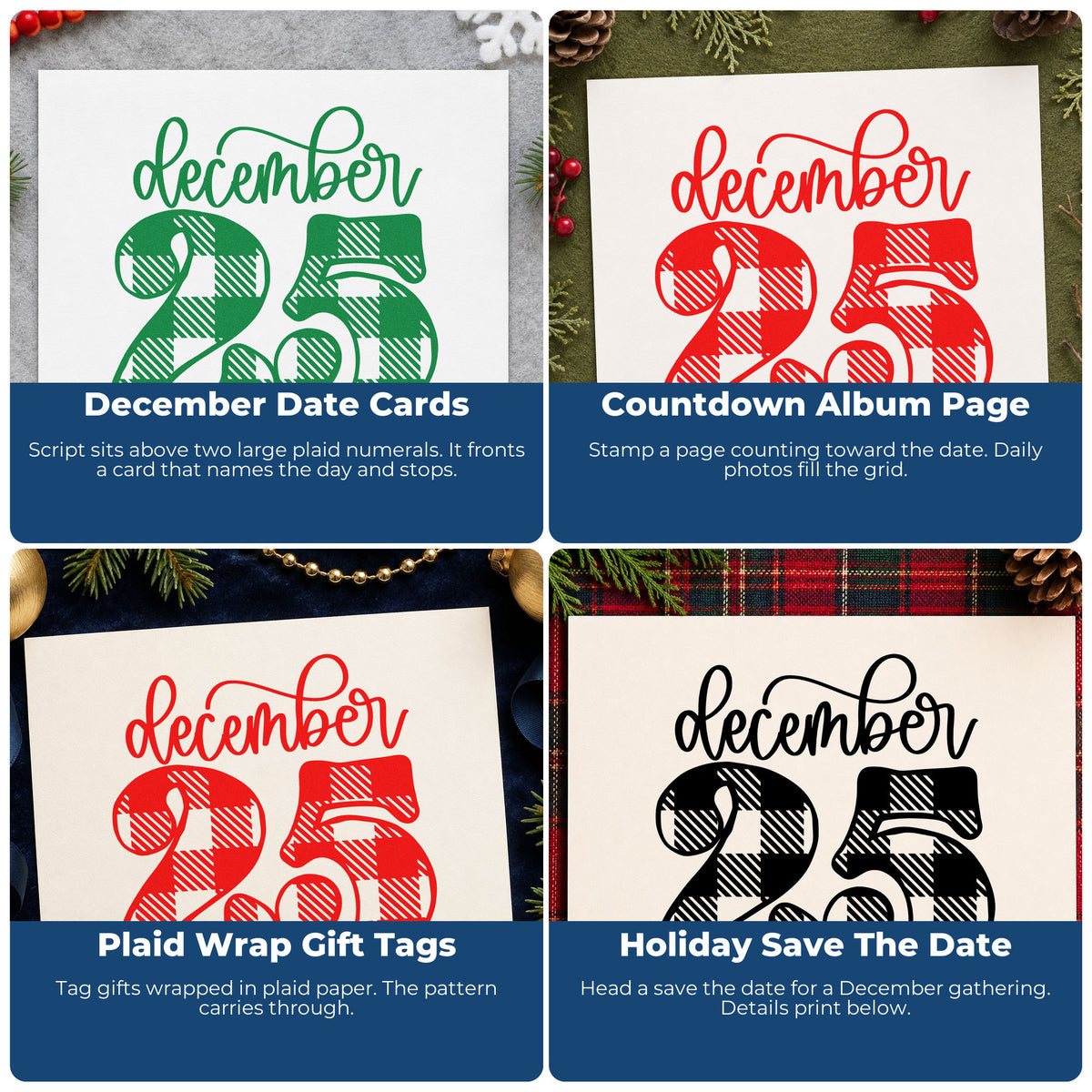 Four ways to use the December Twenty Five Plaid Self-Inking Stamp: december date cards, countdown album page, plaid wrap gift tags and holiday save the date.