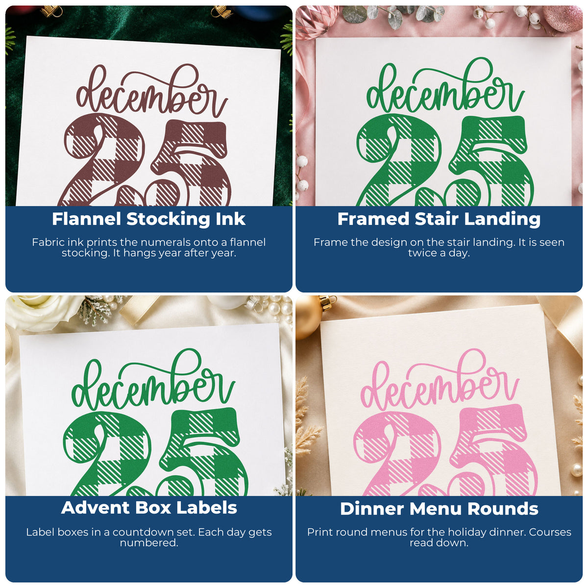 Four ways to use the December Twenty Five Plaid Slim Pre-Inked Stamp: flannel stocking ink, framed stair landing, advent box labels and dinner menu rounds.