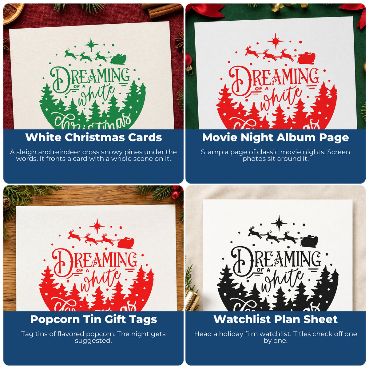 Four ways to use the Dreaming White Christmas Landscape Reindeer PSI Pre-Inked Stamp: white christmas cards, movie night album page, popcorn tin gift tags and watchlist plan sheet.