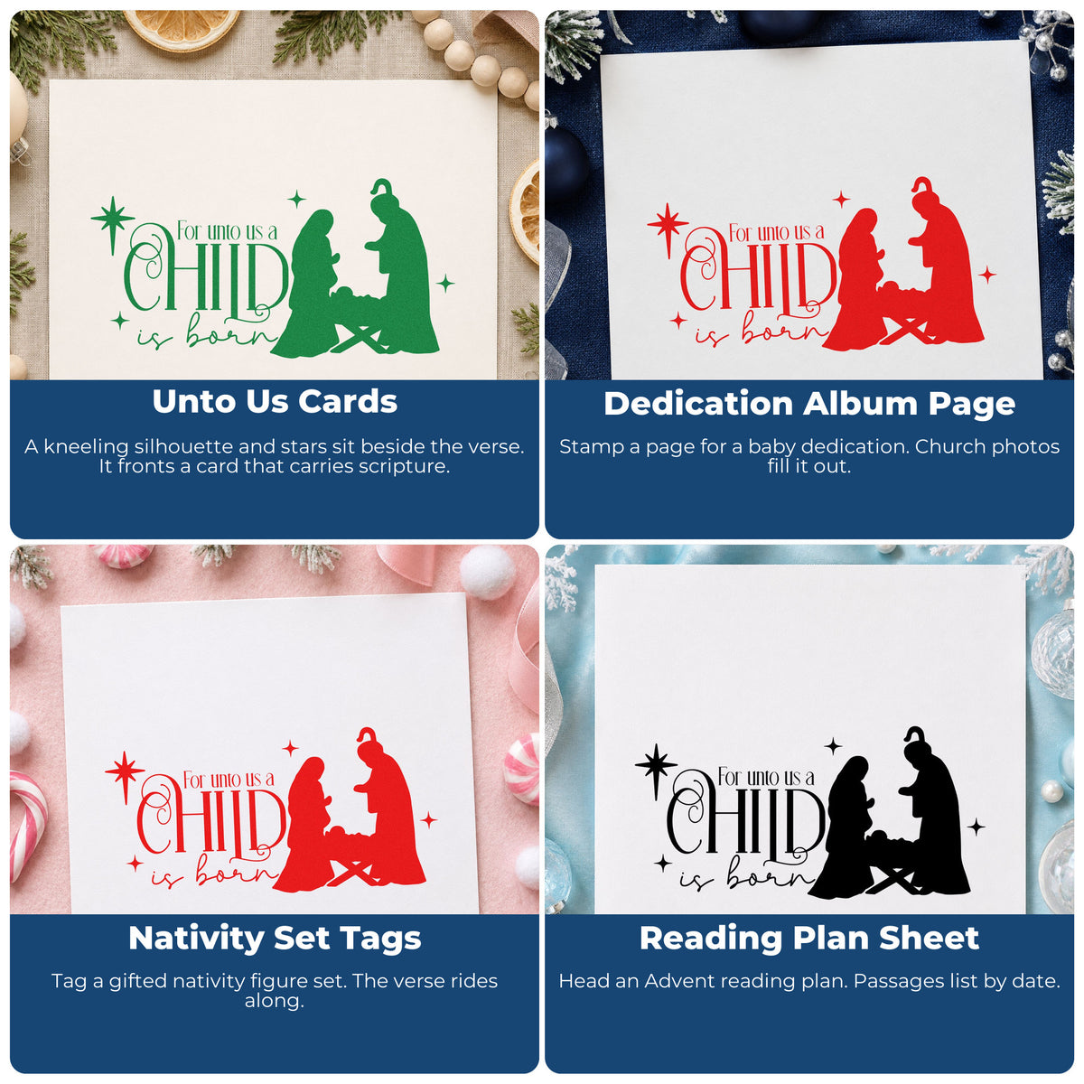 Four ways to use the For Unto Us A Child Is Born Pre-Inked Stamp – PSI: unto us cards, dedication album page, nativity set tags and reading plan sheet.