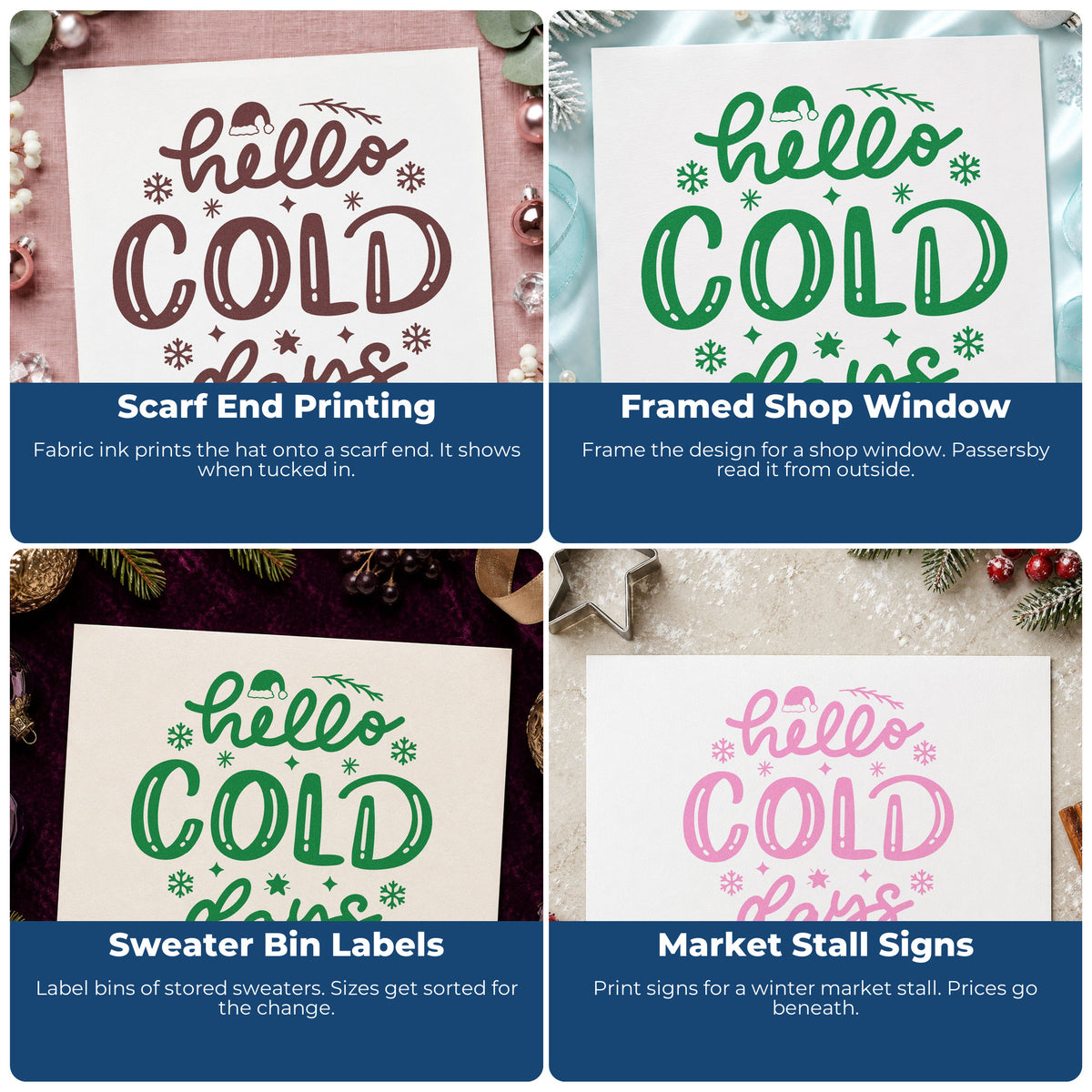 Four ways to use the Hello Cold Days Winter Hat Stamp – Wood Handle: scarf end printing, framed shop window, sweater bin labels and market stall signs.
