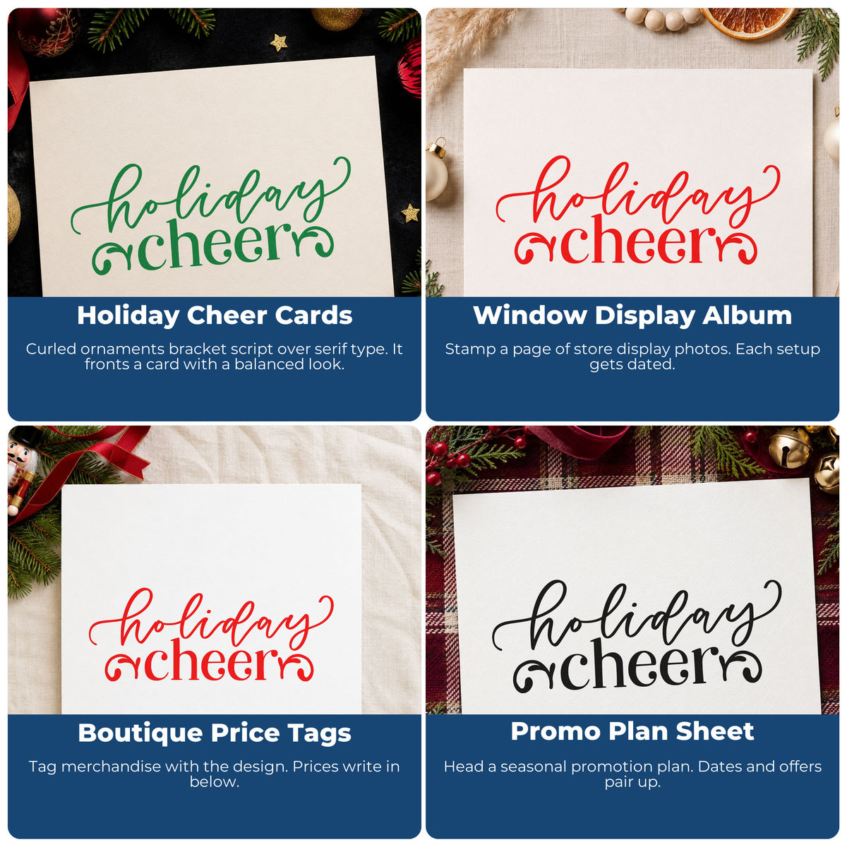 Four ways to use the Holiday Cheer Flourishes Slim Pre-Inked Stamp: holiday cheer cards, window display album, boutique price tags and promo plan sheet.