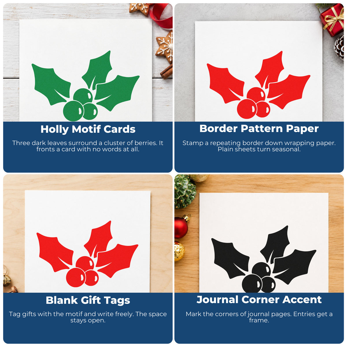 Four ways to use the Three Leaf Holly Sprig Premium Wooden Stamp - Vintage Pro: holly motif cards, border pattern paper, blank gift tags and journal corner accent.