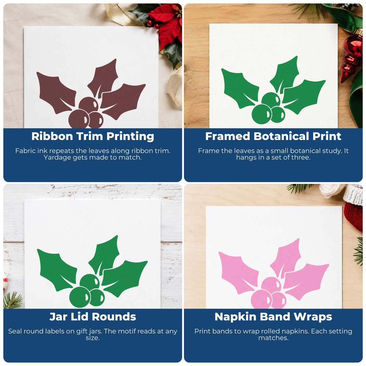 Four ways to use the Three Leaf Holly Sprig Rubber Stamp – Duo Hand: ribbon trim printing, framed botanical print, jar lid rounds and napkin band wraps.