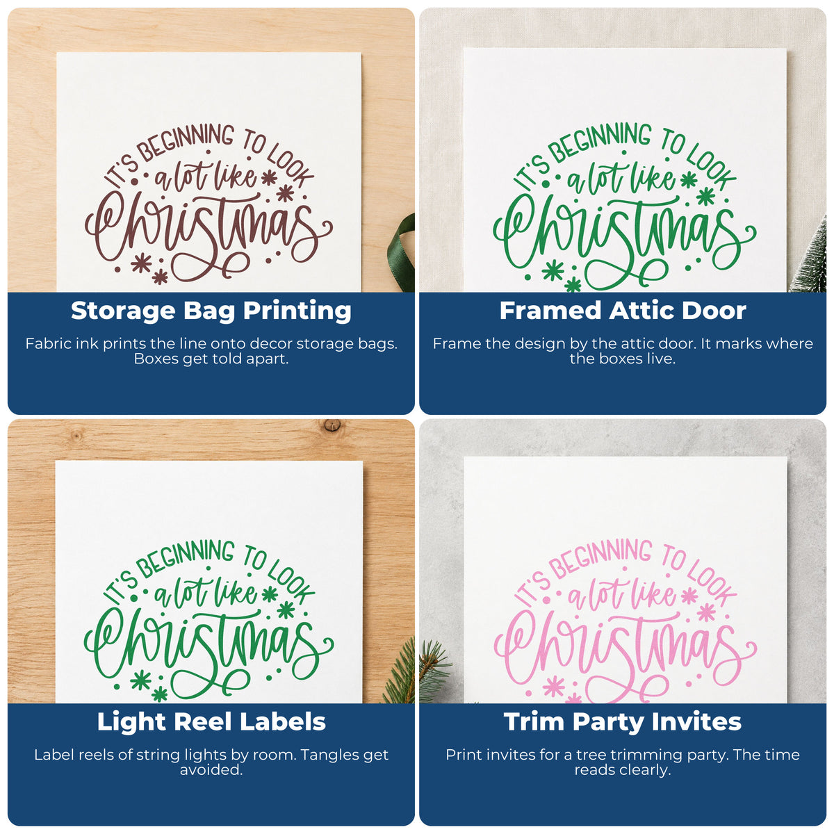 Four ways to use the It's Beginning To Look A Lot Like Christmas Wood Handle Stamp: storage bag printing, framed attic door, light reel labels and trim party invites.