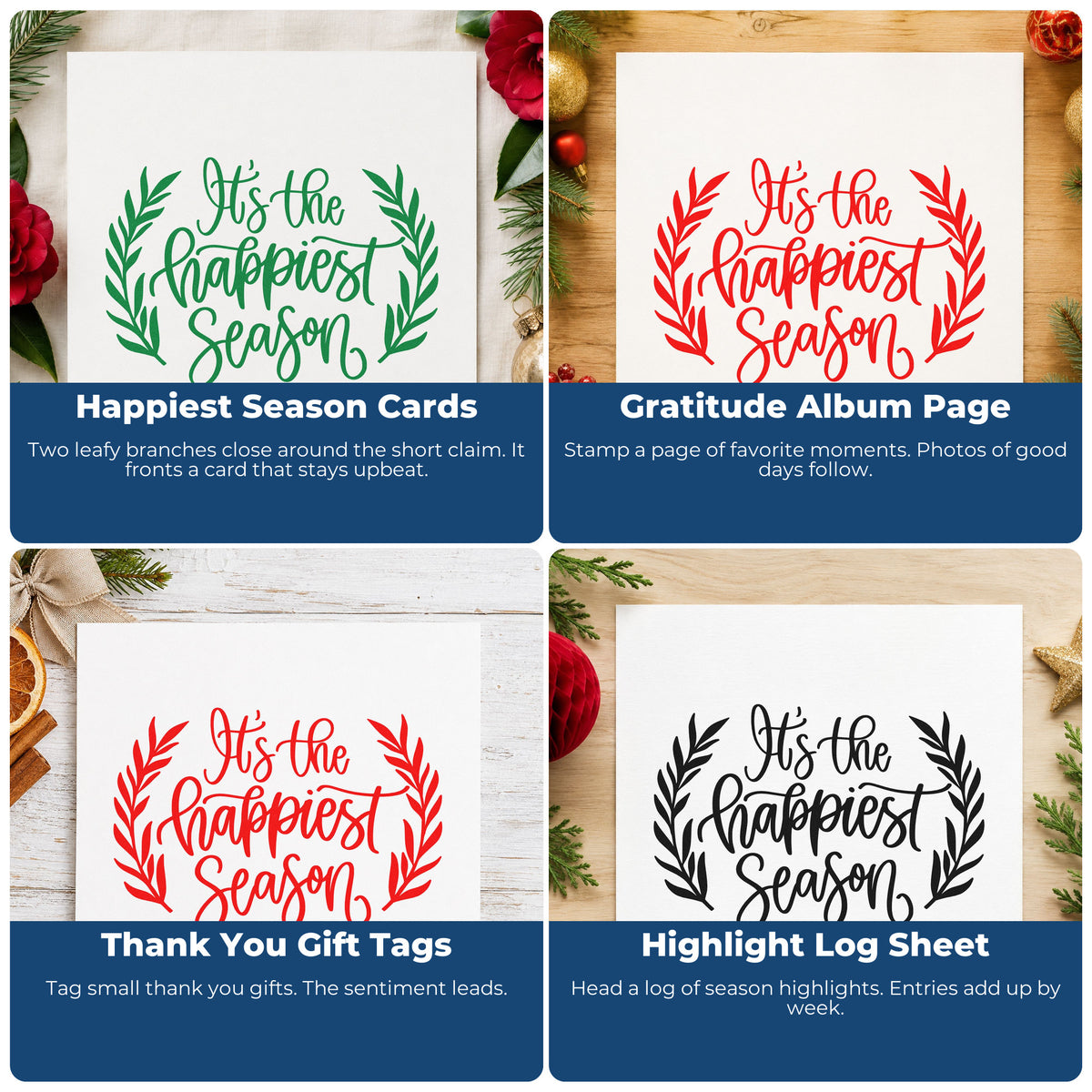 Four ways to use the Happiest Season Leafy Framed Lettering Stamp - Premium Vintage Pro Wooden: happiest season cards, gratitude album page, thank you gift tags and highlight log sheet.