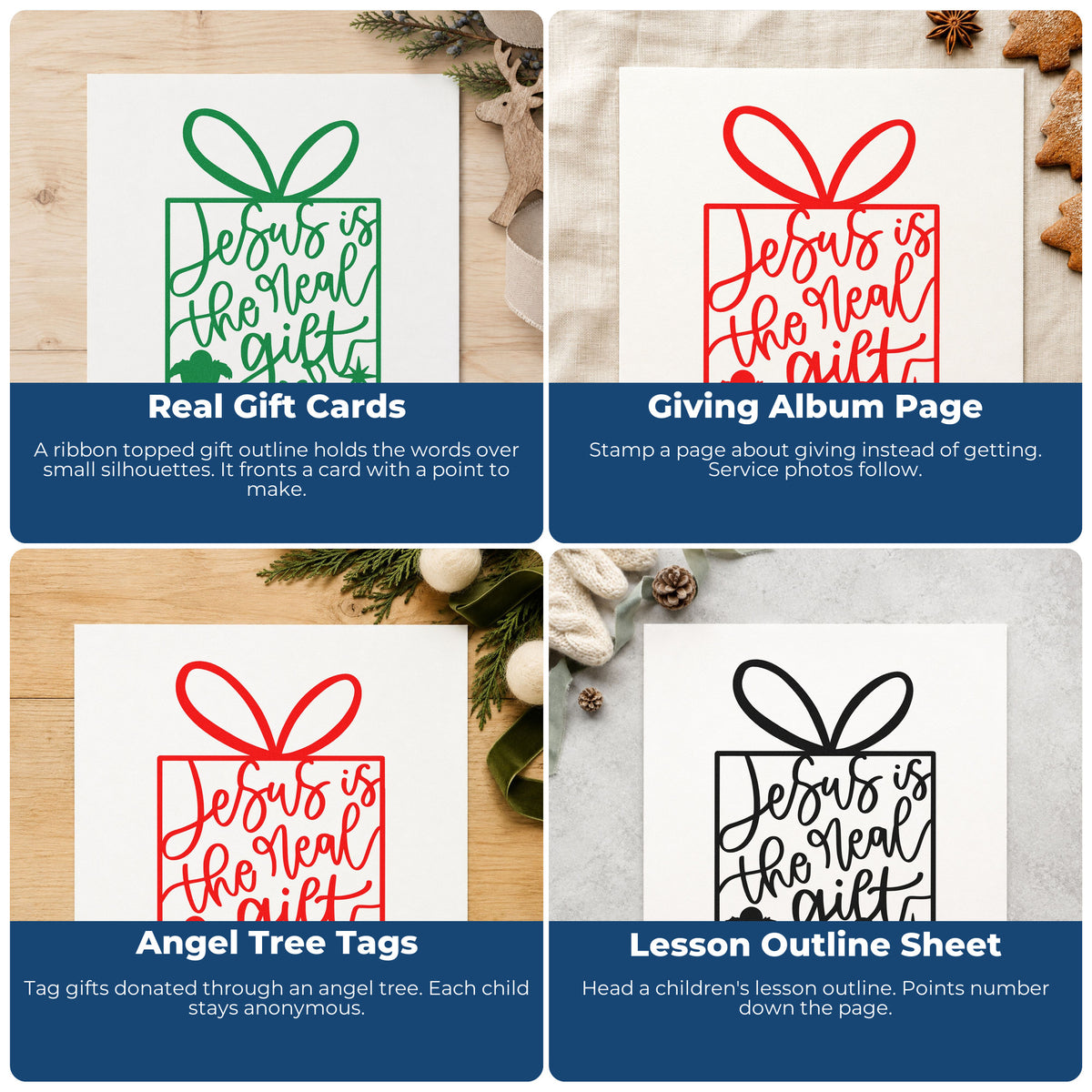 Four ways to use the Jesus Is The Real Gift Rubber Stamp – Duo Hand: real gift cards, giving album page, angel tree tags and lesson outline sheet.
