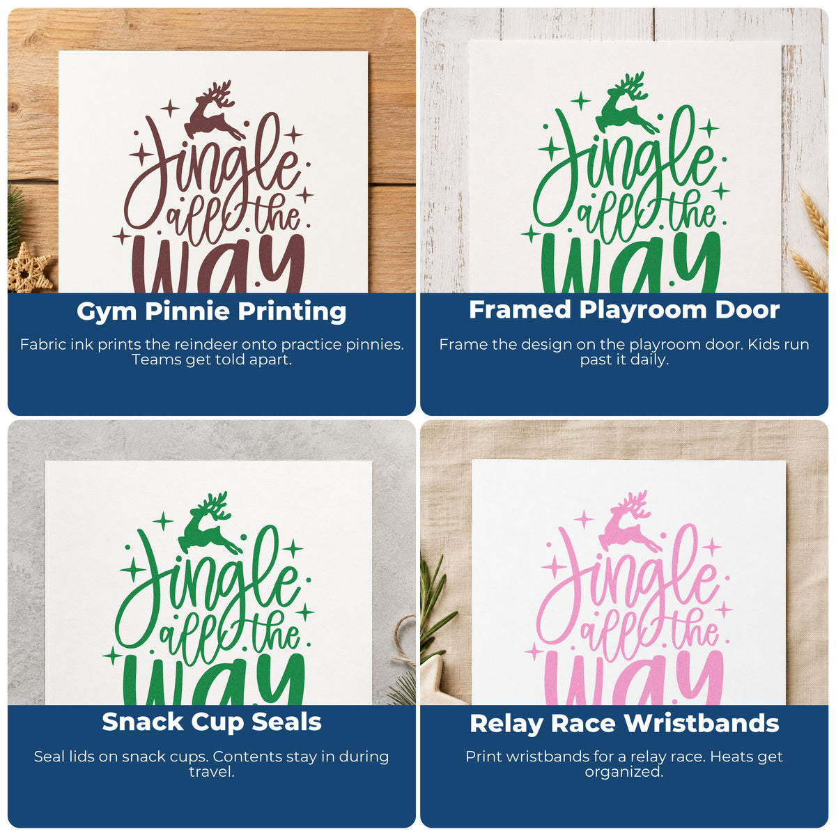 Christmas rubber stamp collage showing baking, envelope decoration, scrapbooking, and DIY candle labels for holiday crafts.