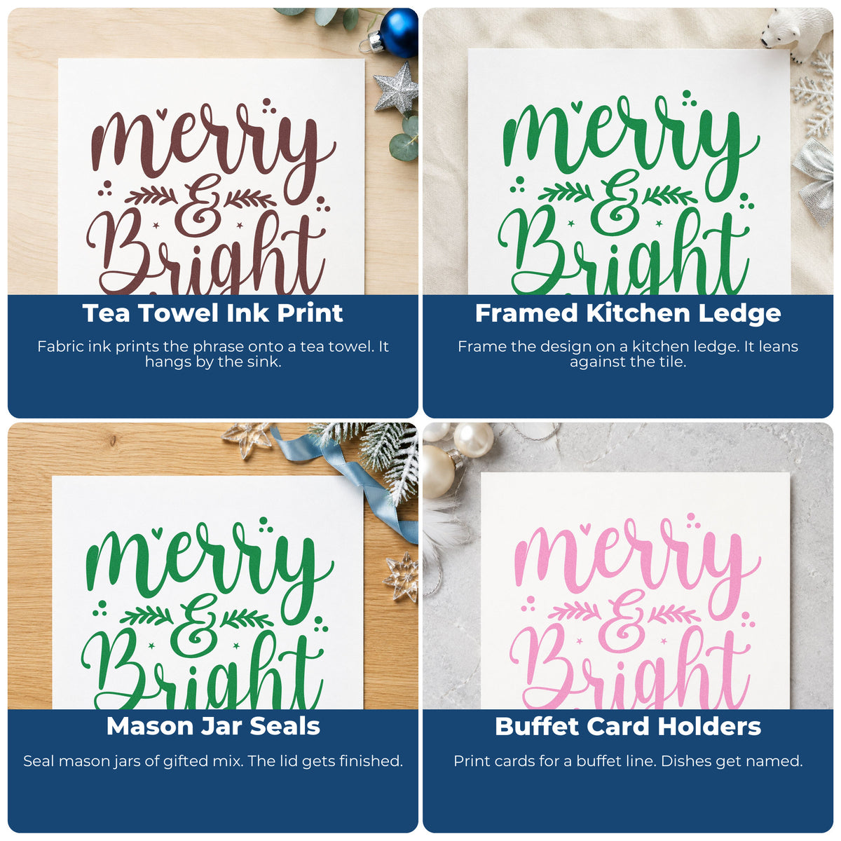 Four ways to use the Merry & Bright Botanical Sprig Stamp - Premium Vintage Pro Wooden: tea towel ink print, framed kitchen ledge, mason jar seals and buffet card holders.