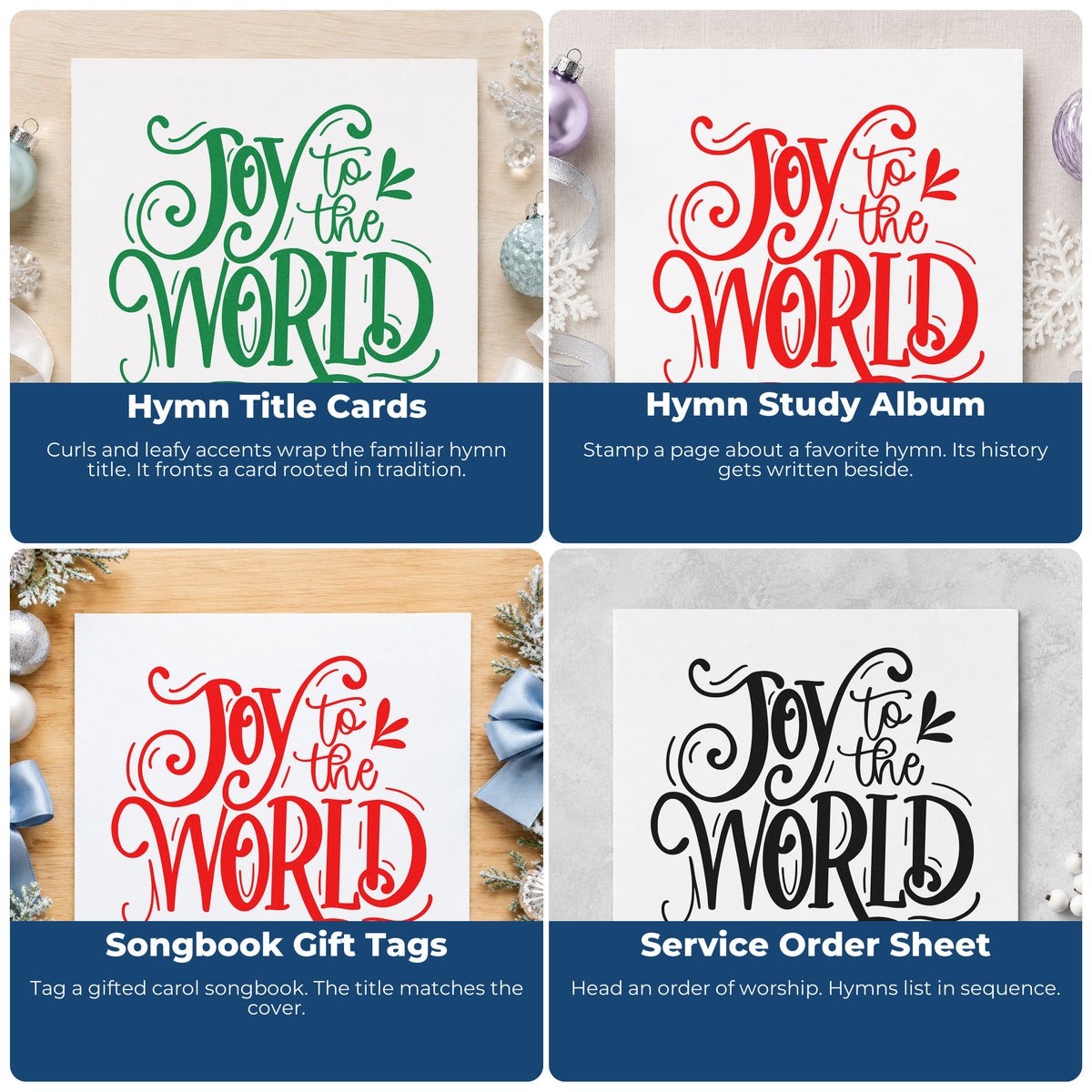 Four ways to use the Joy To The World Ornate Leaf Accents PSI Pre-Inked Stamp: hymn title cards, hymn study album, songbook gift tags and service order sheet.