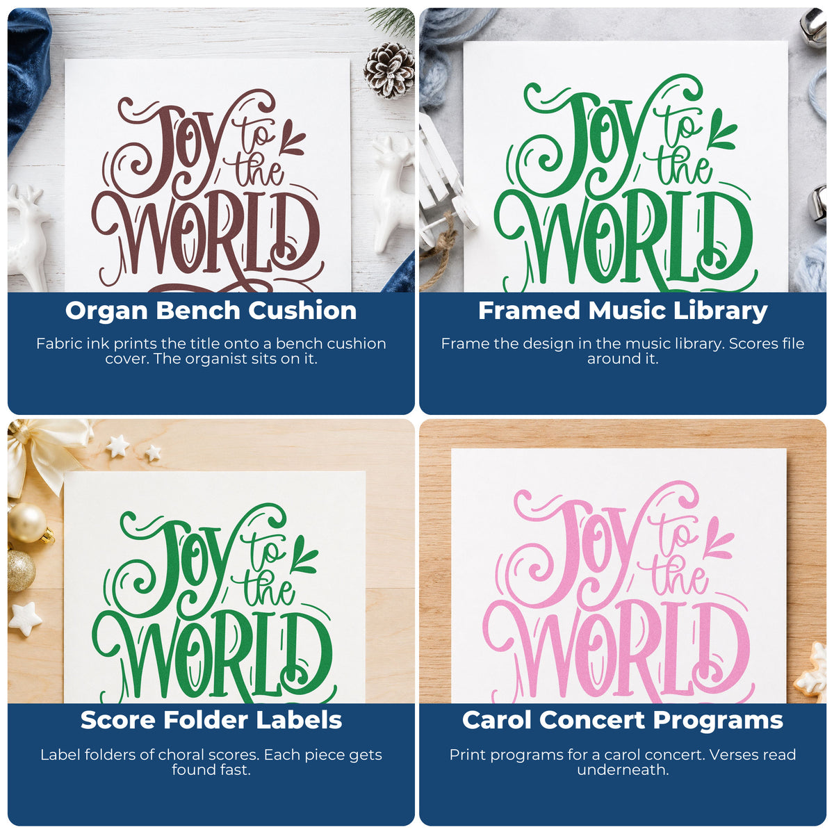 Four ways to use the Joy To The World Ornate Leaf Accents PSI Pre-Inked Stamp: organ bench cushion, framed music library, score folder labels and carol concert programs.