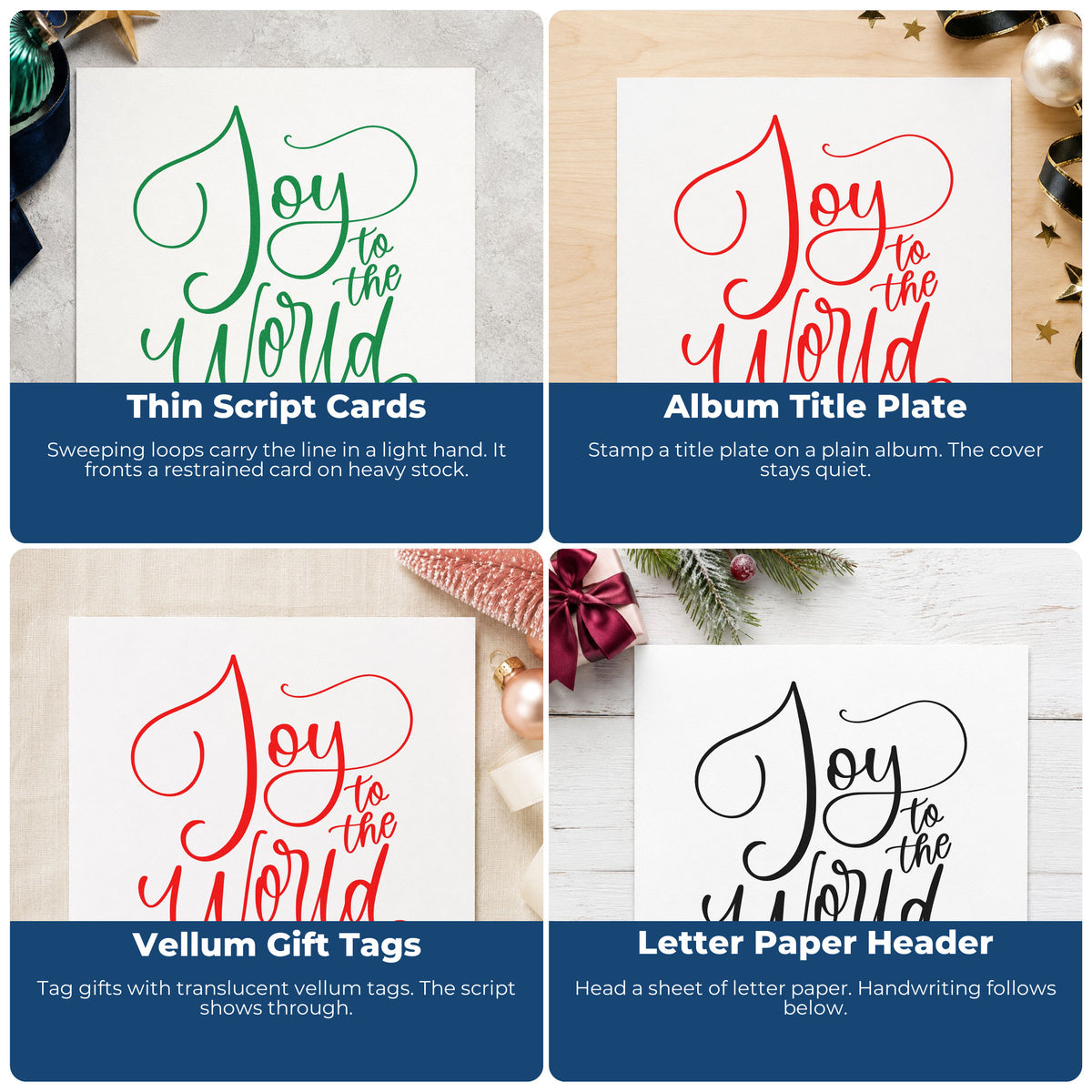 Four ways to use the Self-Inking Joy To The World Thin Script Stamp: thin script cards, album title plate, vellum gift tags and letter paper header.