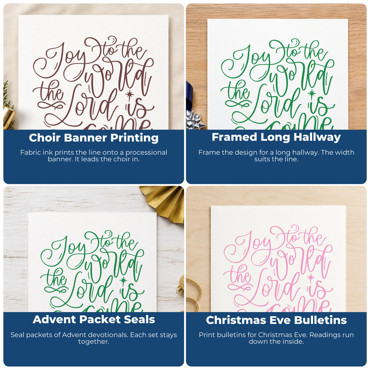 Four ways to use the Joy World Lord Is Come Rubber Stamp – Duo Hand: choir banner printing, framed long hallway, advent packet seals and christmas eve bulletins.