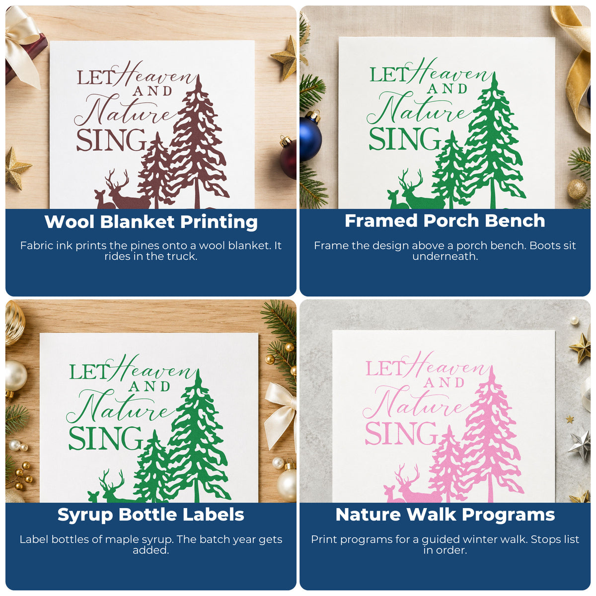 Four ways to use the Heaven Nature Sing Deer Stamp – PSI Pre-Inked: wool blanket printing, framed porch bench, syrup bottle labels and nature walk programs.