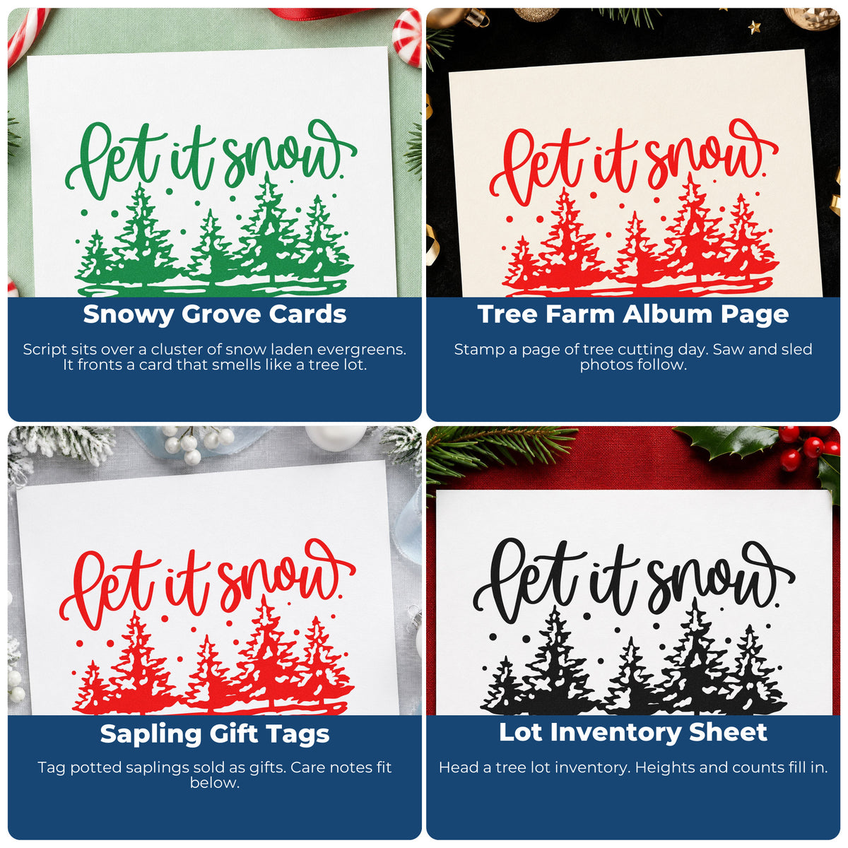 Four ways to use the Let It Snow Pine Forest Tree Motif PSI Pre-Inked Stamp: snowy grove cards, tree farm album page, sapling gift tags and lot inventory sheet.