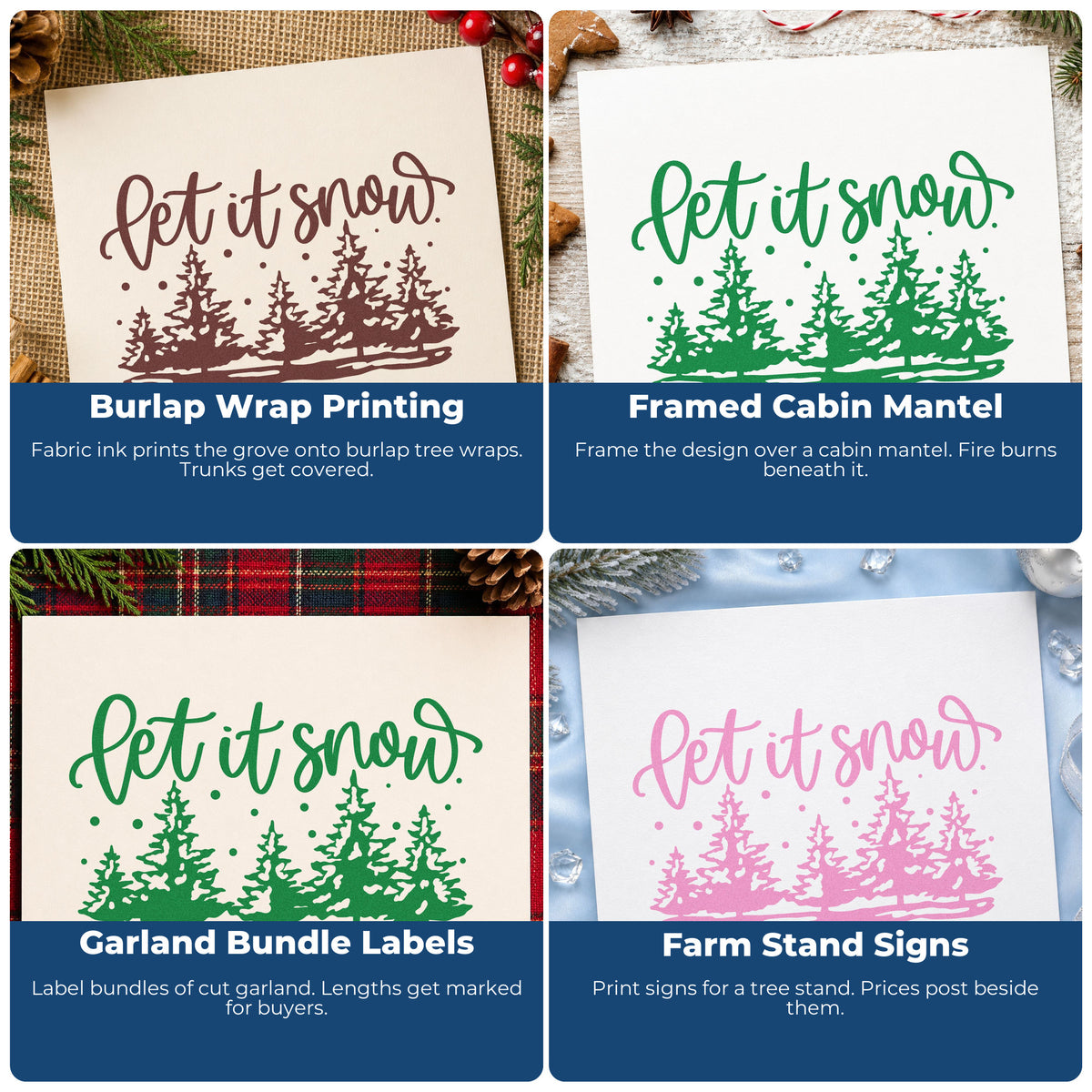 Four ways to use the Premium Wooden Let It Snow Pine Forest Tree Motif Stamp - Vintage Pro: burlap wrap printing, framed cabin mantel, garland bundle labels and farm stand signs.