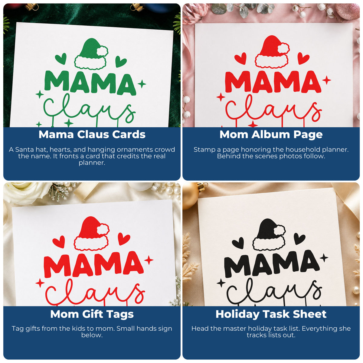 Four ways to use the Mama Claus Santa Hat Self-Inking Stamp: mama claus cards, mom album page, mom gift tags and holiday task sheet.
