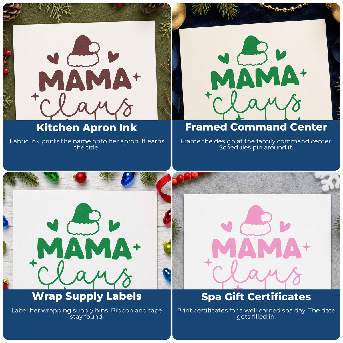 Four ways to use the Mama Claus Santa Hat Wood Handle Stamp: kitchen apron ink, framed command center, wrap supply labels and spa gift certificates.