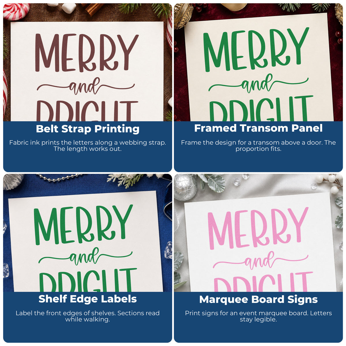 Four ways to use the Pre-Inked Merry And Bright Simple Frame Accent Stamp – PSI: belt strap printing, framed transom panel, shelf edge labels and marquee board signs.