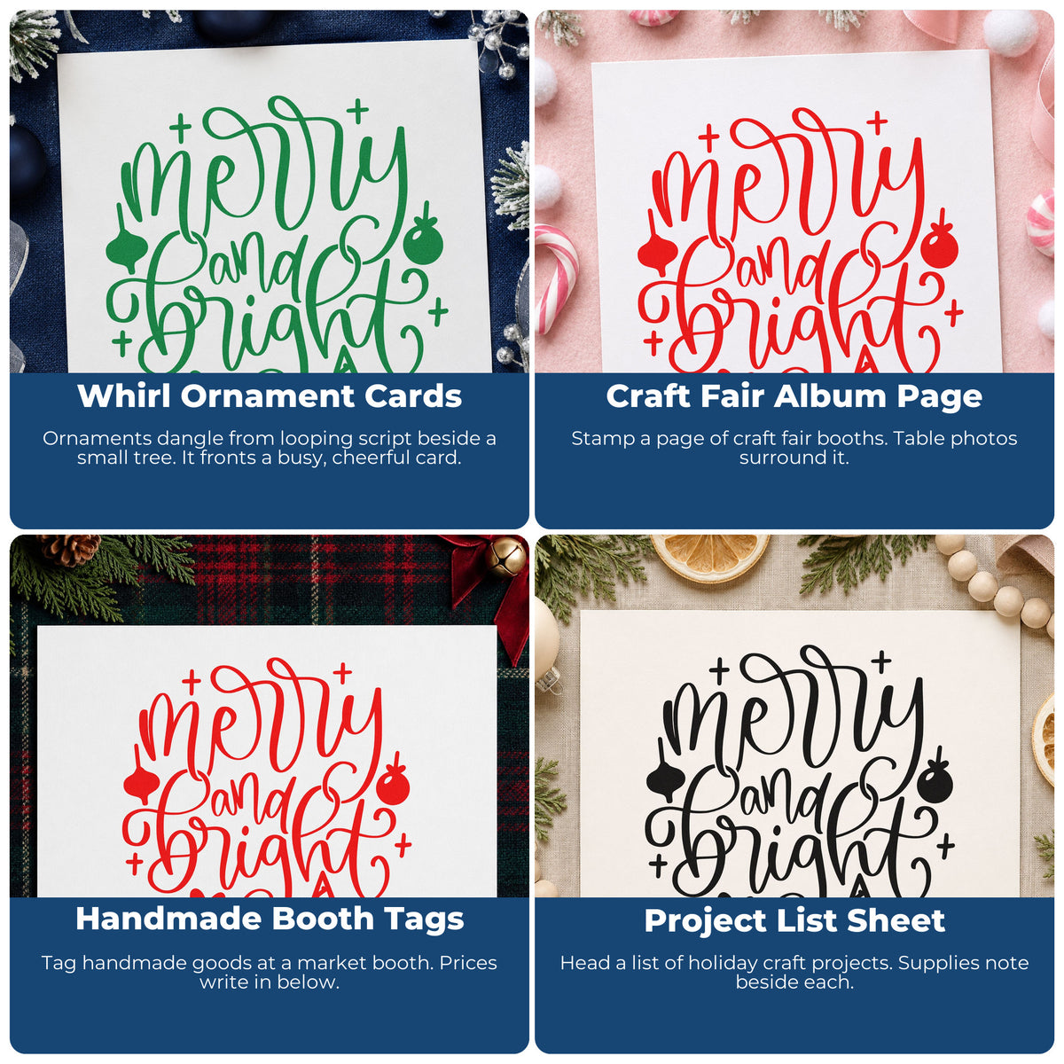 Four ways to use the Merry And Bright Ornaments Self-Inking Stamp: whirl ornament cards, craft fair album page, handmade booth tags and project list sheet.
