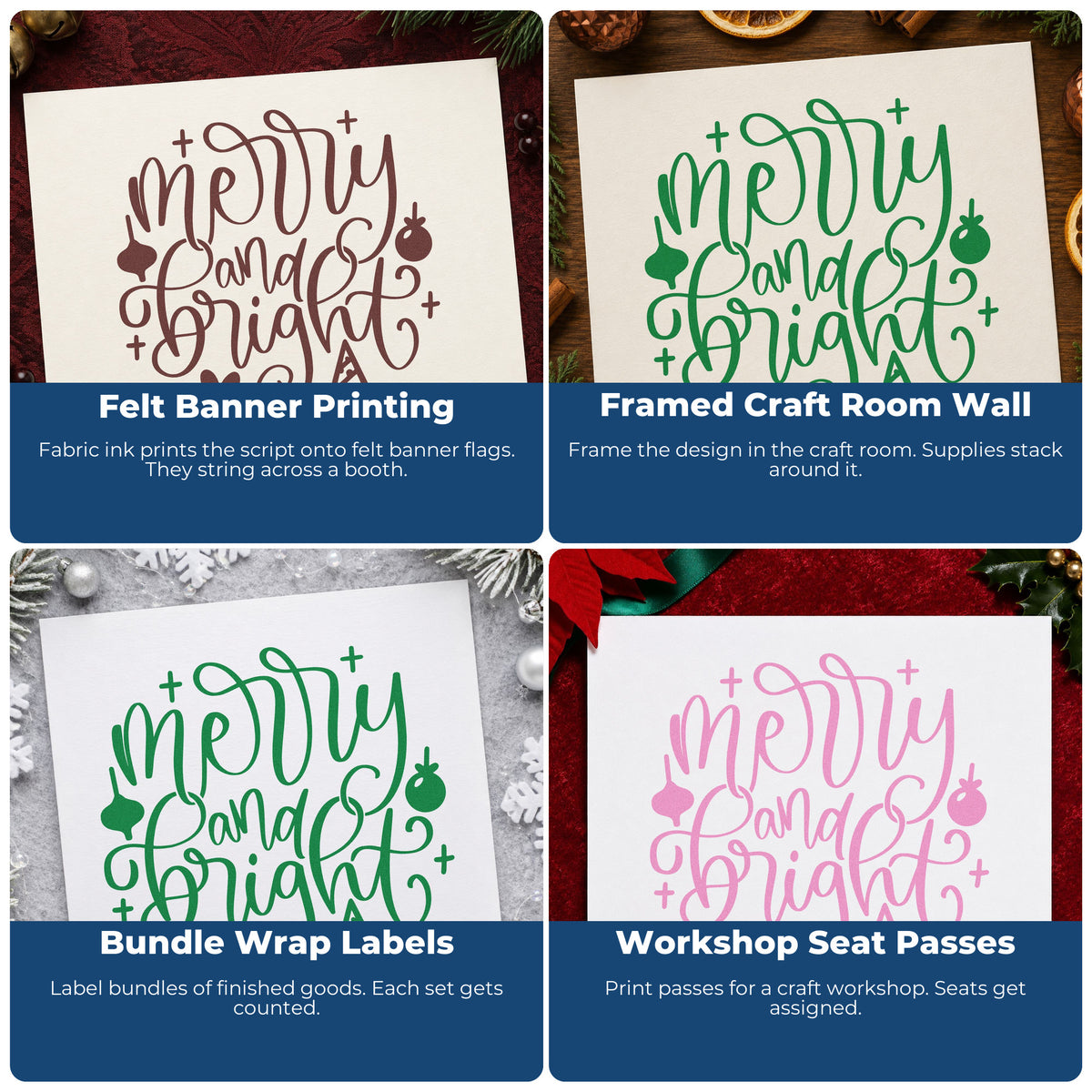 Four ways to use the Merry And Bright Ornaments Compact Pre-Inked Stamp – Slim: felt banner printing, framed craft room wall, bundle wrap labels and workshop seat passes.