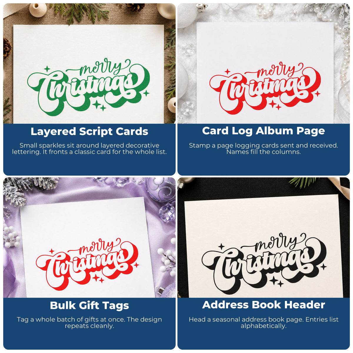 Four ways to use the Merry Christmas Shadow Script Lettering Duo Hand Stamp: layered script cards, card log album page, bulk gift tags and address book header.