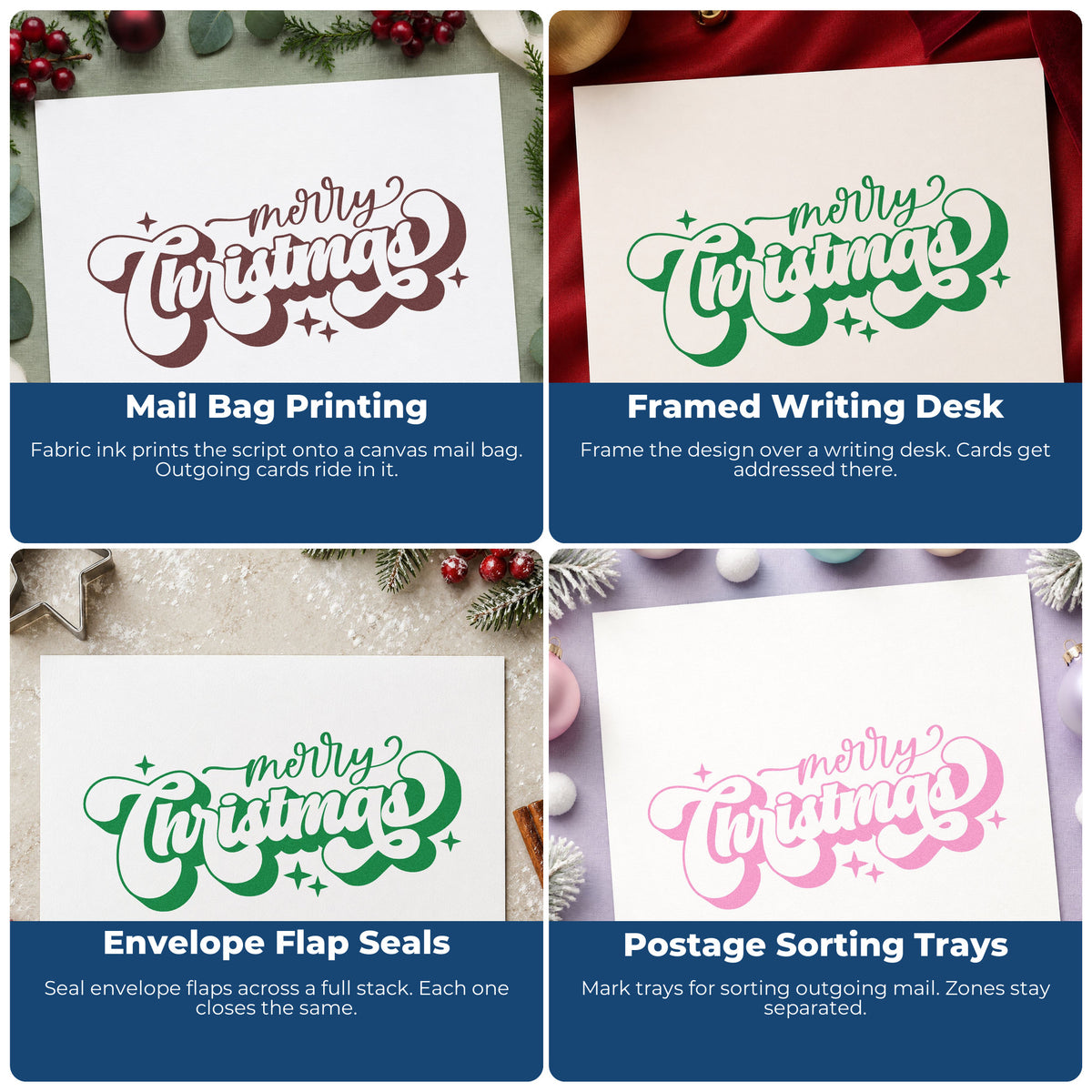 Four ways to use the Merry Christmas Shadow Script Lettering Duo Hand Stamp: mail bag printing, framed writing desk, envelope flap seals and postage sorting trays.