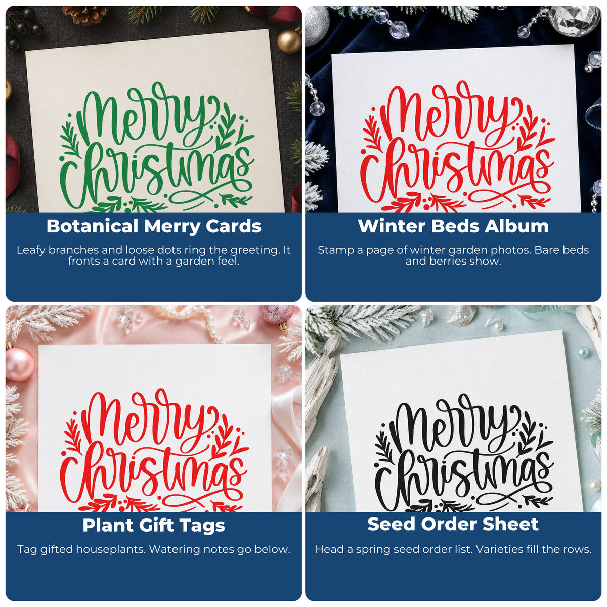 Four ways to use the Merry Christmas Leaf Flourishes Leafy Branches Pre-Inked Stamp – Slim: botanical merry cards, winter beds album, plant gift tags and seed order sheet.