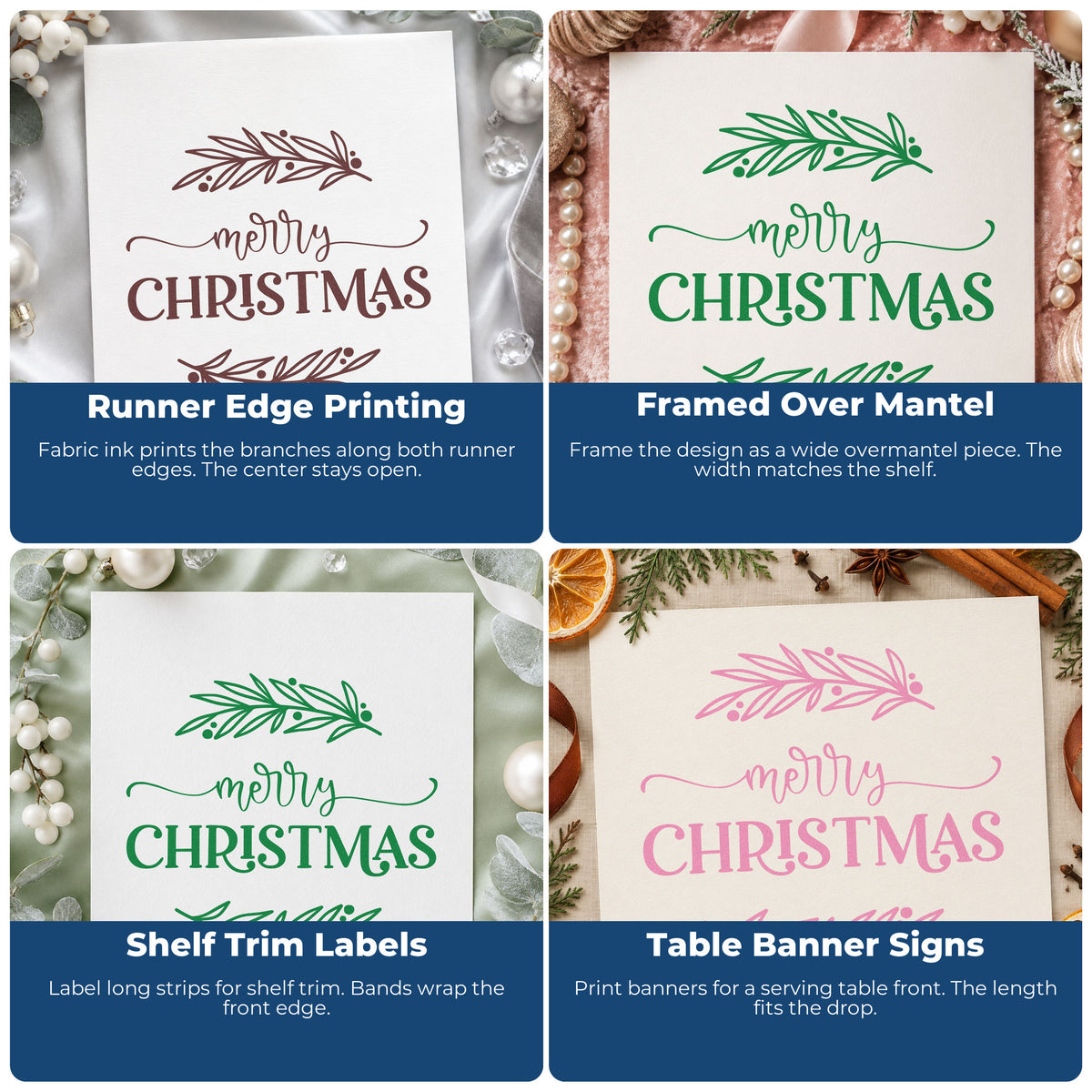 Four ways to use the Merry Christmas Between Branches Leaf Accents Rubber Stamp – Duo Hand: runner edge printing, framed over mantel, shelf trim labels and table banner signs.