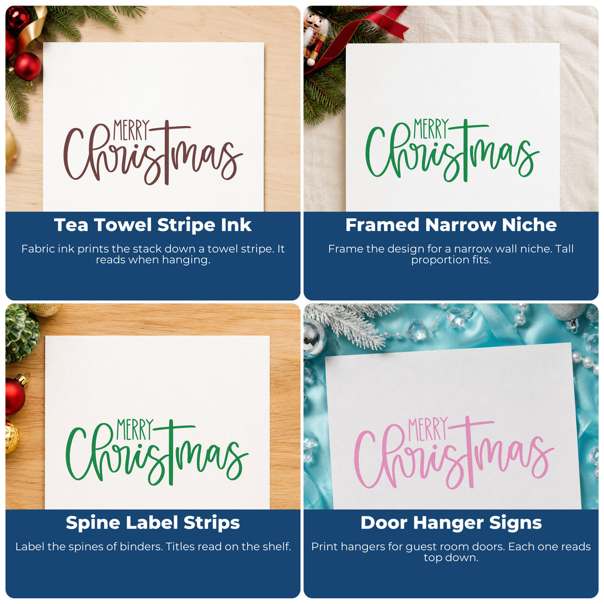 Four ways to use the Tall Flowing Christmas Greeting Premium Wooden Stamp - Vintage Pro: tea towel stripe ink, framed narrow niche, spine label strips and door hanger signs.