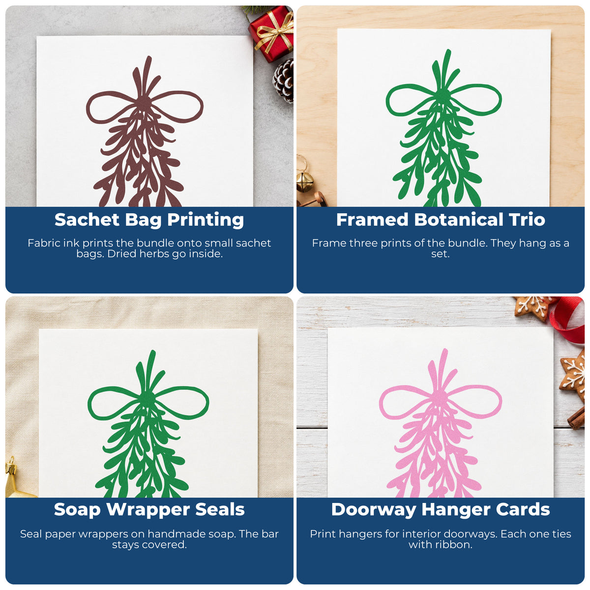 Four ways to use the Mistletoe Bundle With Bow Leaf Accents Rubber Stamp – Wood Handle: sachet bag printing, framed botanical trio, soap wrapper seals and doorway hanger cards.