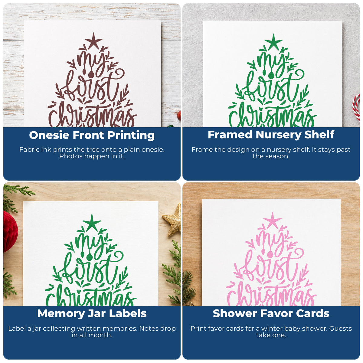 Four ways to use the My First Christmas Tree Slim Pre-Inked Stamp: onesie front printing, framed nursery shelf, memory jar labels and shower favor cards.