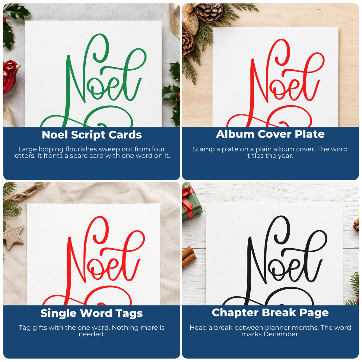 Christmas rubber stamp ideas for gift wrap, holiday cards, advent calendars, and ornaments.
