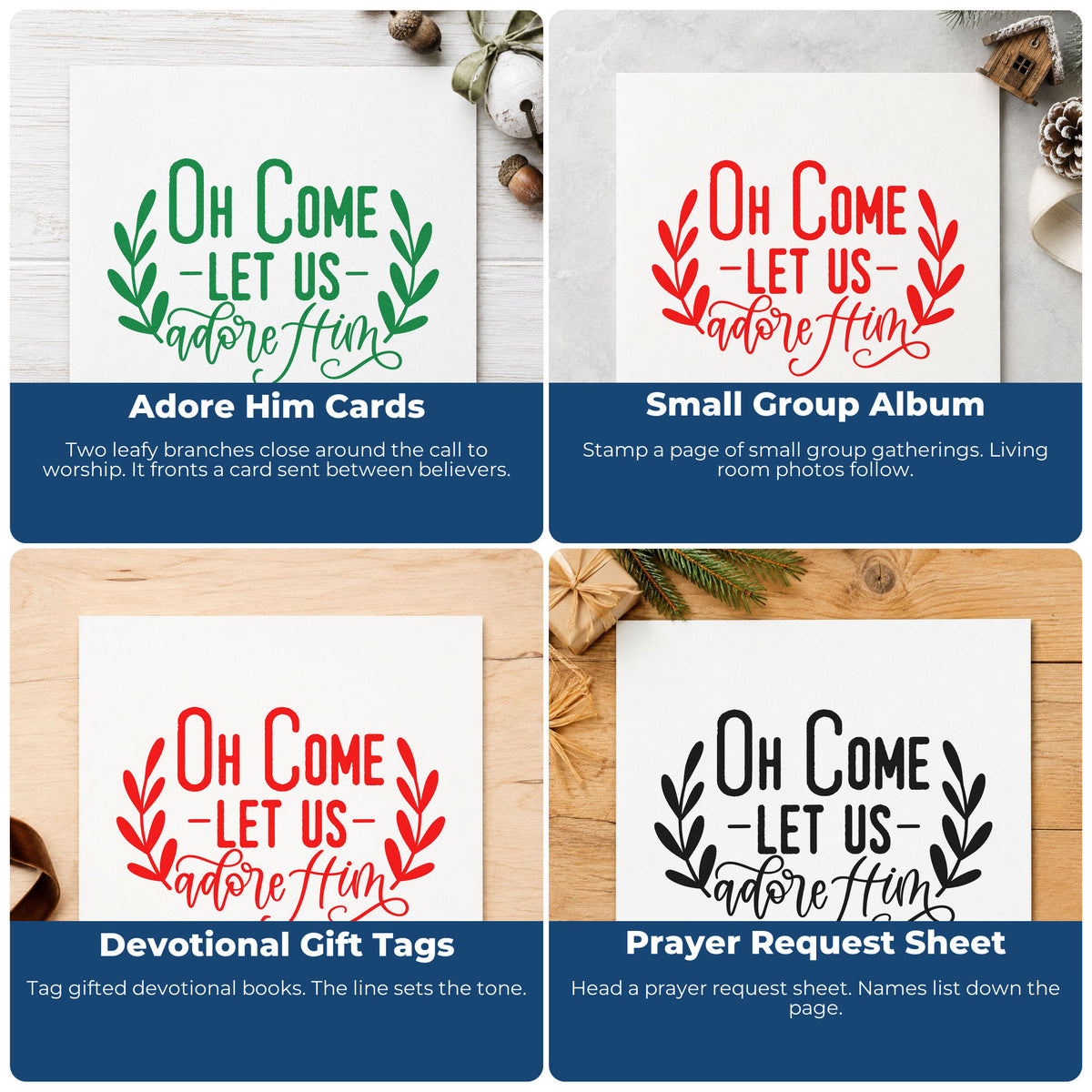 Four ways to use the Oh Come Let Us Adore Him Premium Wooden Stamp - Vintage Pro: adore him cards, small group album, devotional gift tags and prayer request sheet.