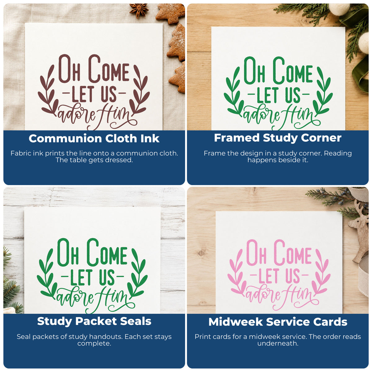 Four ways to use the Oh Come Let Us Adore Him Premium Wooden Stamp - Vintage Pro: communion cloth ink, framed study corner, study packet seals and midweek service cards.