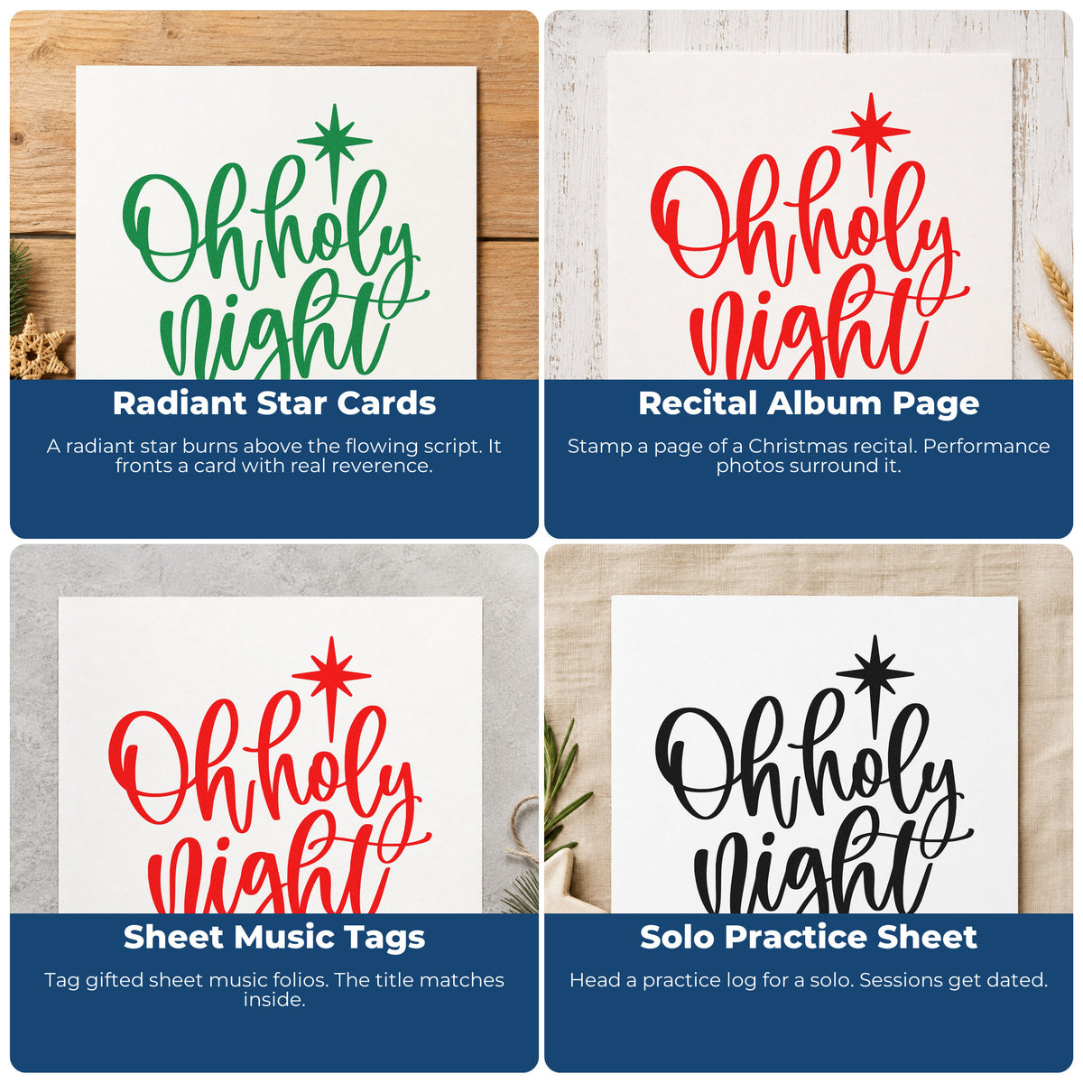 Four ways to use the Oh Holy Night Rubber Stamp – Wood Handle: radiant star cards, recital album page, sheet music tags and solo practice sheet.