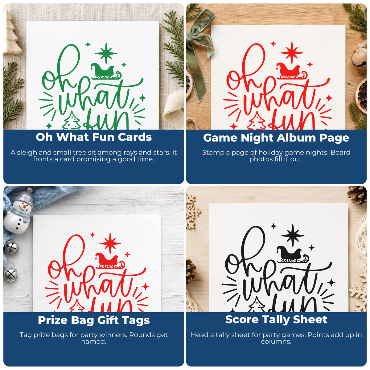 Four ways to use the Oh What Fun Sleigh Tree Pre-Inked Stamp – PSI: oh what fun cards, game night album page, prize bag gift tags and score tally sheet.