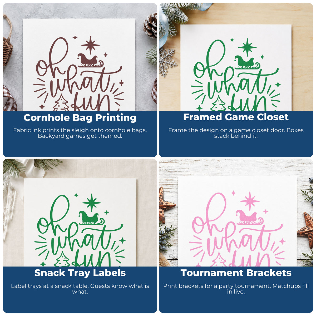 Four ways to use the Oh What Fun Sleigh Tree Pre-Inked Stamp – PSI: cornhole bag printing, framed game closet, snack tray labels and tournament brackets.