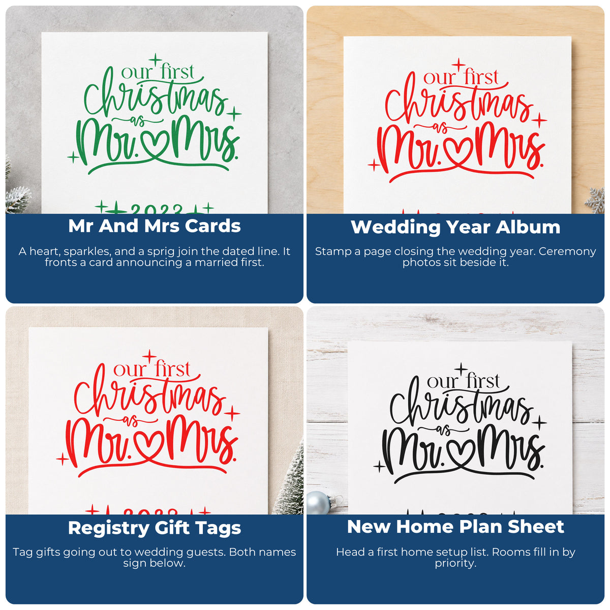 Four ways to use the First Christmas Mr And Mrs Pre-Inked Stamp – PSI: mr and mrs cards, wedding year album, registry gift tags and new home plan sheet.