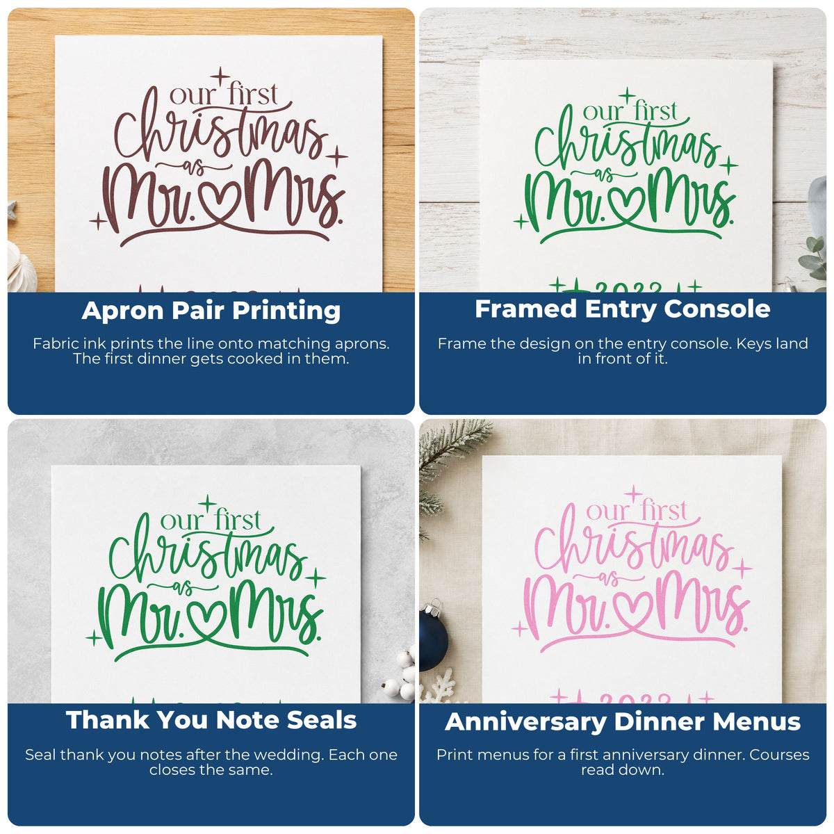 Four ways to use the First Christmas Mr And Mrs Stamp – Duo Hand: apron pair printing, framed entry console, thank you note seals and anniversary dinner menus.