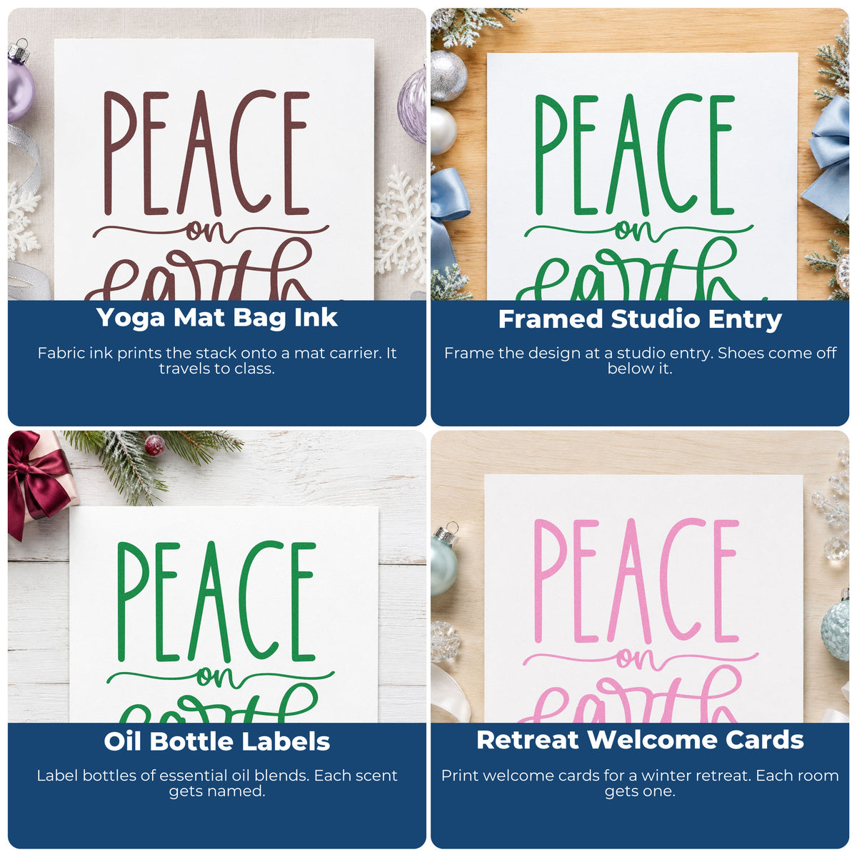Four ways to use the Peace On Earth Script Lettering Rubber Stamp – Duo Hand: yoga mat bag ink, framed studio entry, oil bottle labels and retreat welcome cards.
