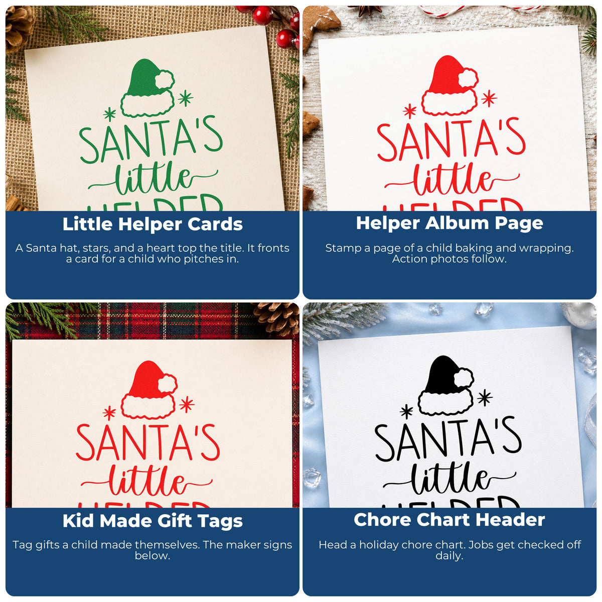 Four ways to use the Santa's Little Helper Hat With Stars Stamp - Premium Vintage Pro Wooden: little helper cards, helper album page, kid made gift tags and chore chart header.