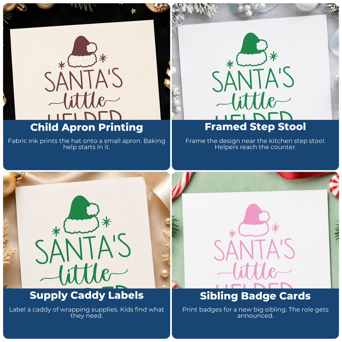 Four ways to use the Santa's Little Helper Hat With Stars Rubber Stamp – Wood Handle: child apron printing, framed step stool, supply caddy labels and sibling badge cards.