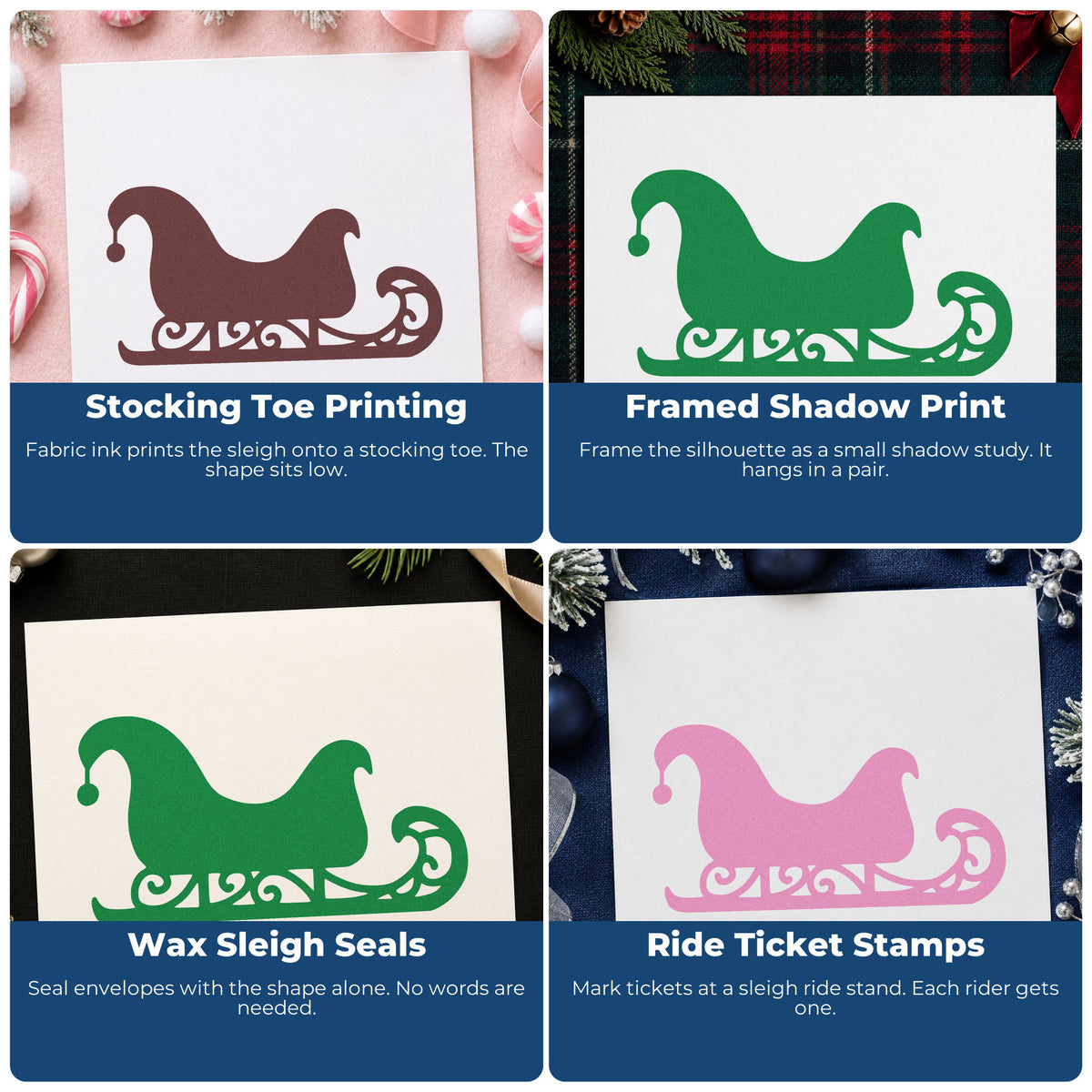 Four ways to use the Decorative Santa Sleigh Pre-Inked Stamp – PSI: stocking toe printing, framed shadow print, wax sleigh seals and ride ticket stamps.