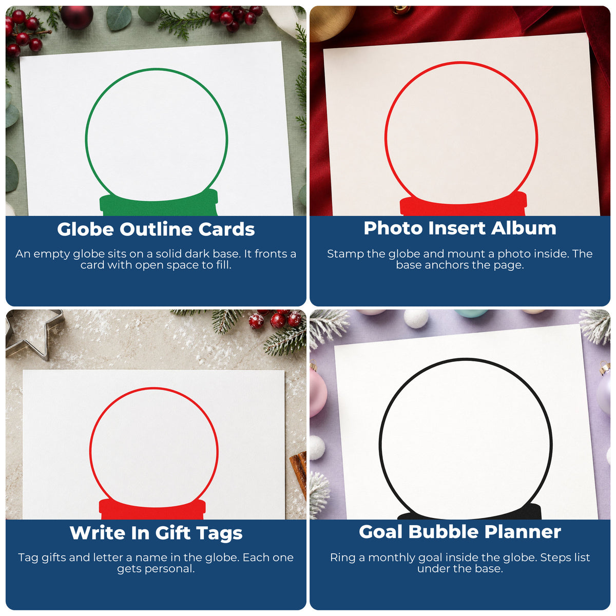 Four ways to use the Empty Snow Globe Line Art Wood-Mounted Rubber Stamp: globe outline cards, photo insert album, write in gift tags and goal bubble planner.