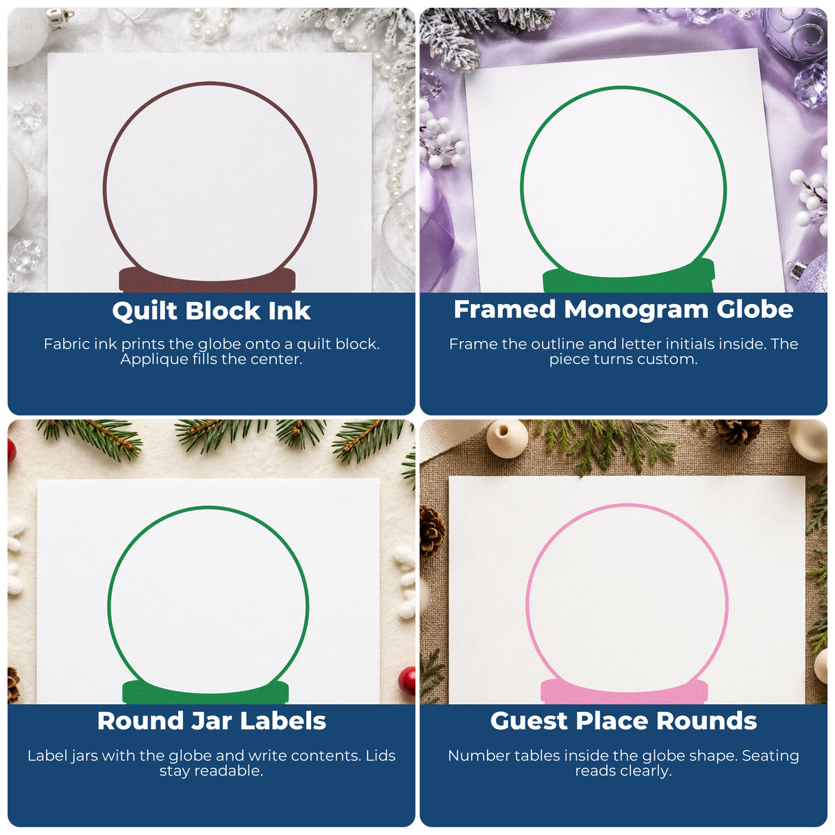 Four ways to use the Empty Snow Globe Line Art Stamp - Premium Vintage Pro Wooden: quilt block ink, framed monogram globe, round jar labels and guest place rounds.