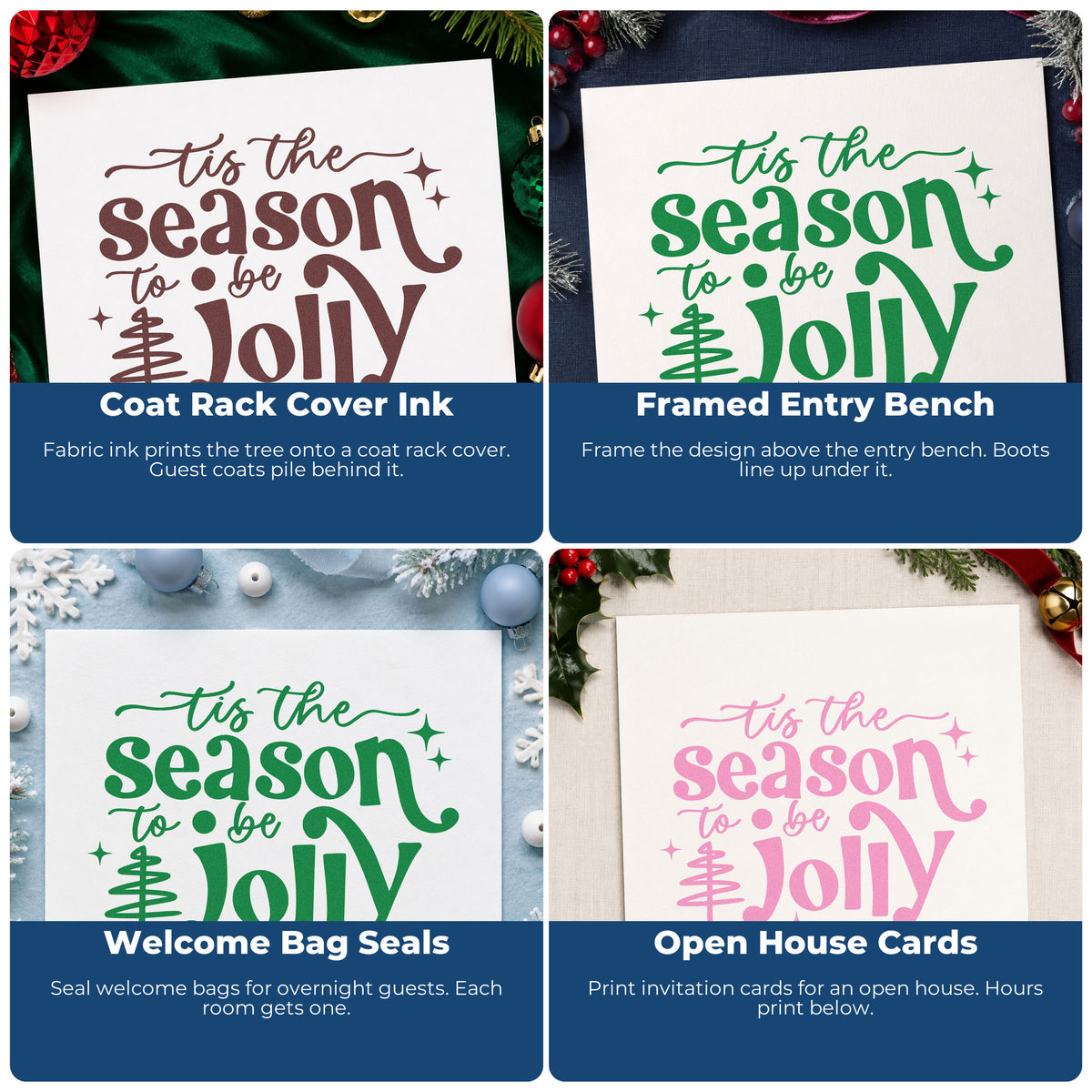 Four ways to use the Tis Season To Be Jolly Tree Self-Inking Stamp: coat rack cover ink, framed entry bench, welcome bag seals and open house cards.